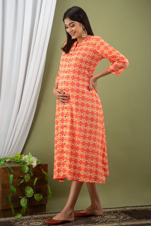 ORANGE_PRINTED_MATERNITY_DRESS