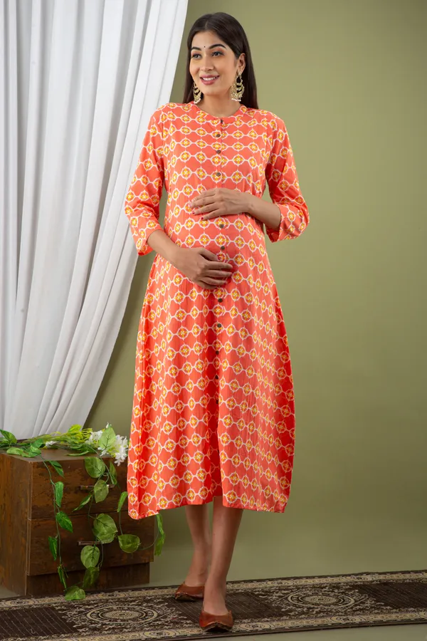 ORANGE_PRINTED_MATERNITY_DRESS