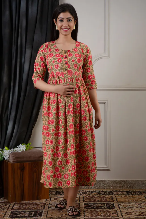 PEACH_FLOWER_PRINTED_MATERNITY_DRESS