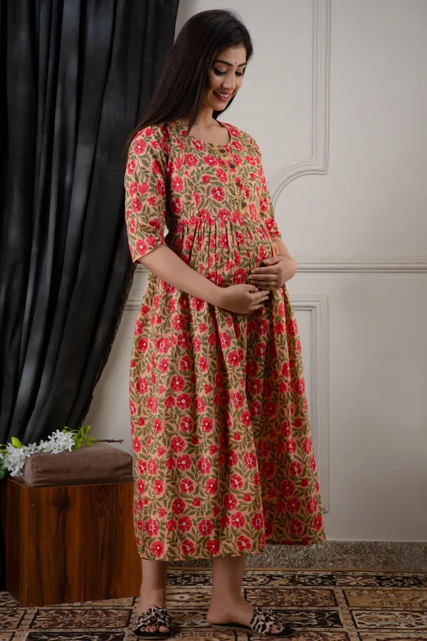 PEACH_FLOWER_PRINTED_MATERNITY_DRESS