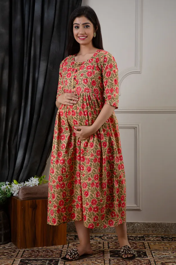 PEACH_FLOWER_PRINTED_MATERNITY_DRESS