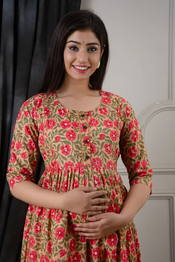 PEACH_FLOWER_PRINTED_MATERNITY_DRESS