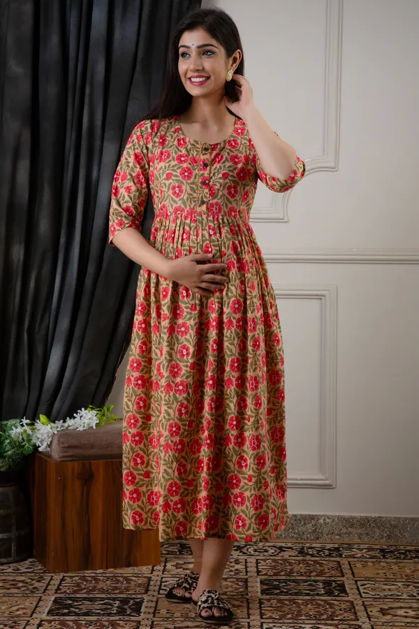 PEACH_FLOWER_PRINTED_MATERNITY_DRESS