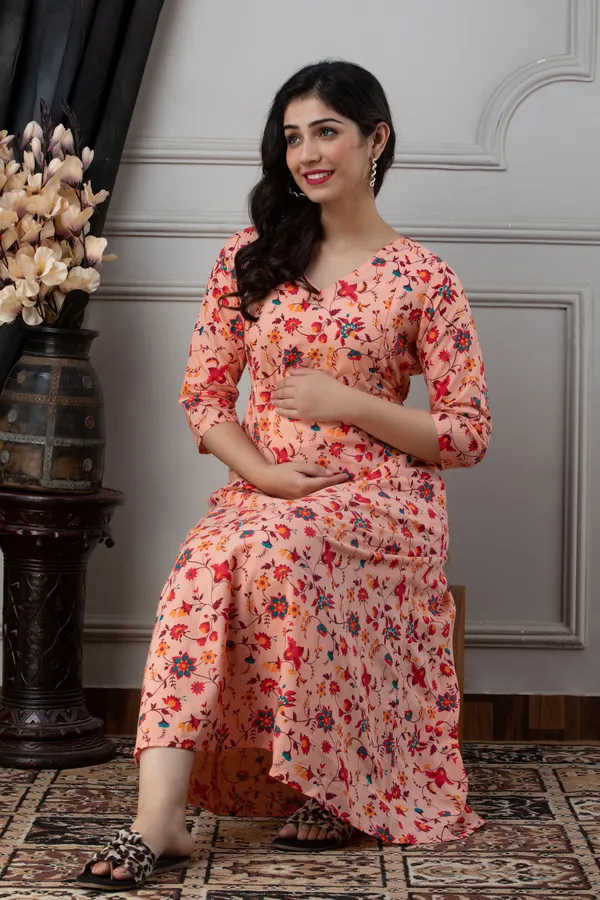 PEACH_PRINTED_MATERNITY_DRESS