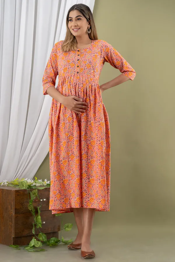 PEACH_PRINTED_MATERNITY_DRESS