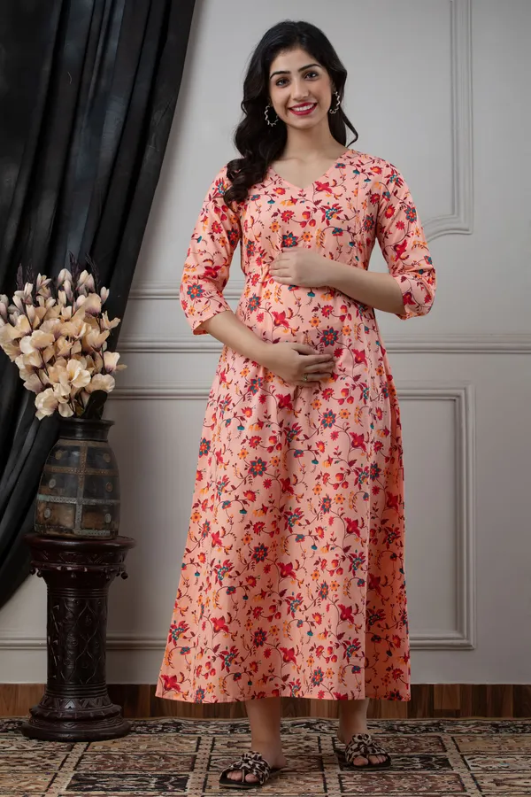 PEACH_PRINTED_MATERNITY_DRESS