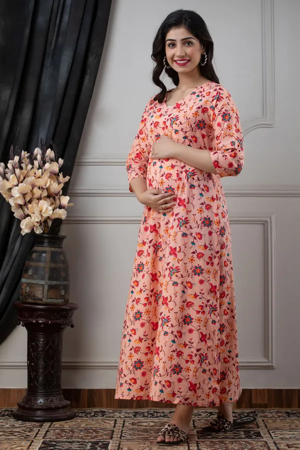 PEACH_PRINTED_MATERNITY_DRESS