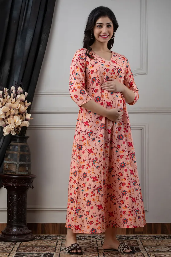 PEACH_PRINTED_MATERNITY_DRESS