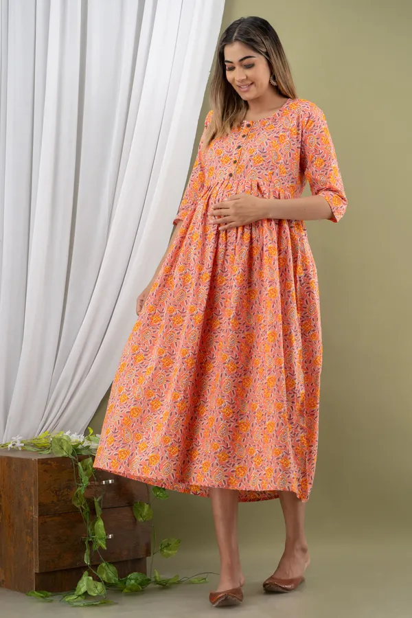 PEACH_PRINTED_MATERNITY_DRESS