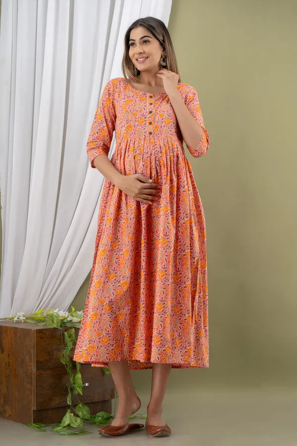 PEACH_PRINTED_MATERNITY_DRESS