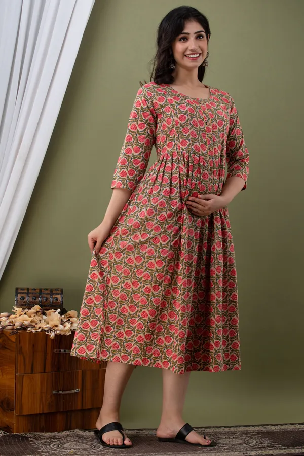 PEACH_RED_FLOWER_PRINTED_MATERNITY_DRESS