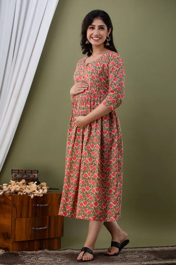 PEACH_RED_FLOWER_PRINTED_MATERNITY_DRESS