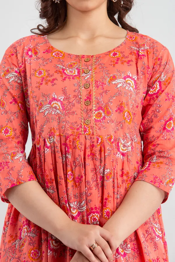 Peach_Cotton_Flower_Printed_Maternity_Kurti