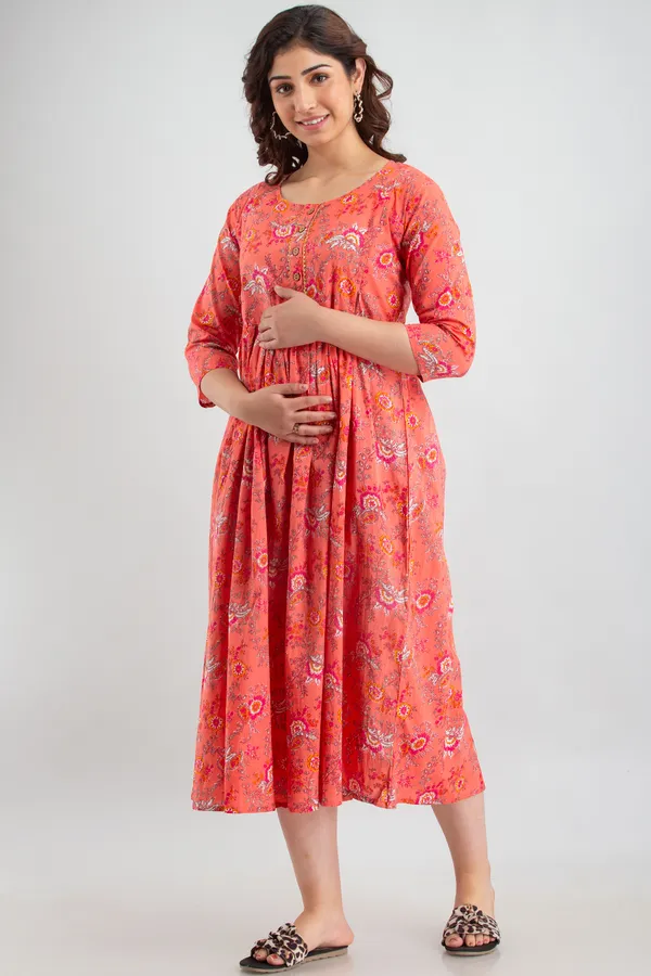 Peach_Cotton_Flower_Printed_Maternity_Kurti
