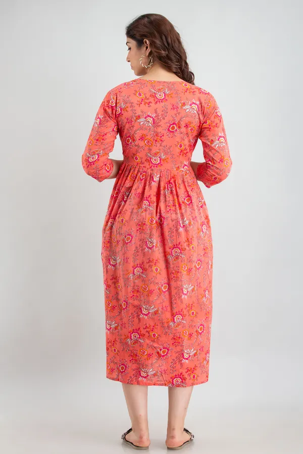 Peach_Cotton_Flower_Printed_Maternity_Kurti
