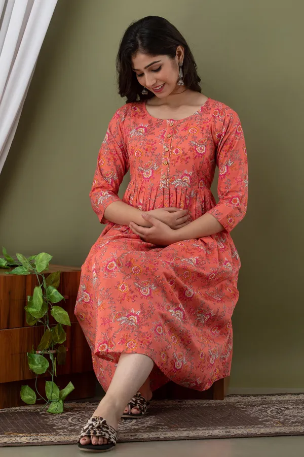 Peach_Cotton_Flower_Printed_Maternity_Kurti
