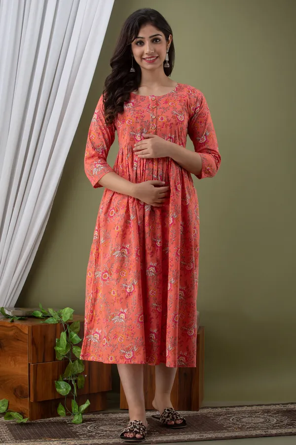 Peach_Cotton_Flower_Printed_Maternity_Kurti