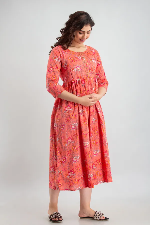 Peach_Cotton_Flower_Printed_Maternity_Kurti