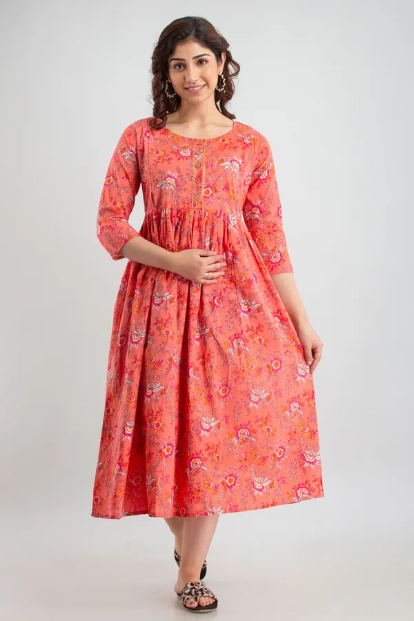 Peach_Cotton_Flower_Printed_Maternity_Kurti