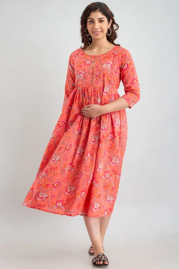 Peach_Cotton_Flower_Printed_Maternity_Kurti