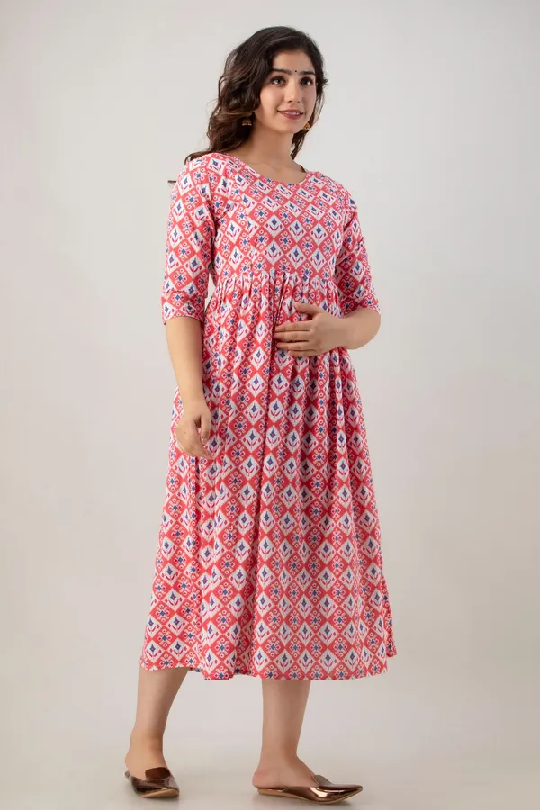 Peach_Rayon_Printed_Flared_Maternity_Kurti