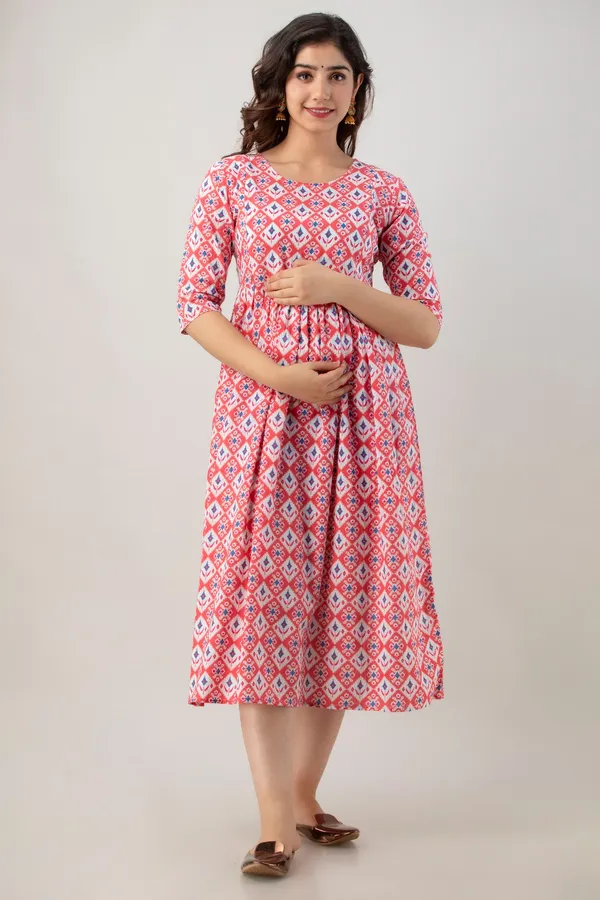 Peach_Rayon_Printed_Flared_Maternity_Kurti