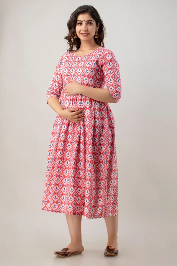 Peach_Rayon_Printed_Flared_Maternity_Kurti