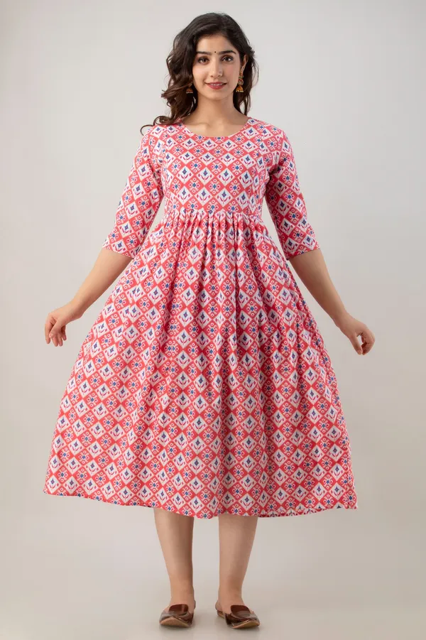 Peach_Rayon_Printed_Flared_Maternity_Kurti