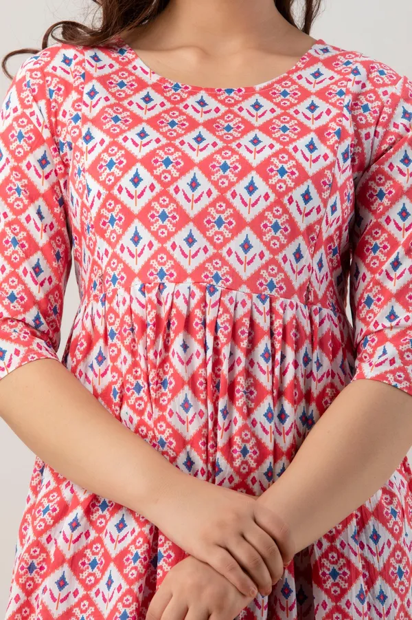 Peach_Rayon_Printed_Flared_Maternity_Kurti