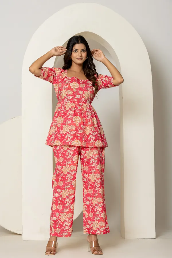 Pink_Cotton_Printed_Short_Kurti_&_Bottom_Co-Ord_Set_For_Women
