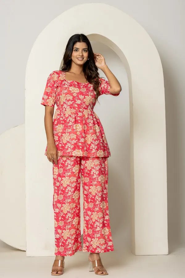 Pink_Cotton_Printed_Short_Kurti_&_Bottom_Co-Ord_Set_For_Women