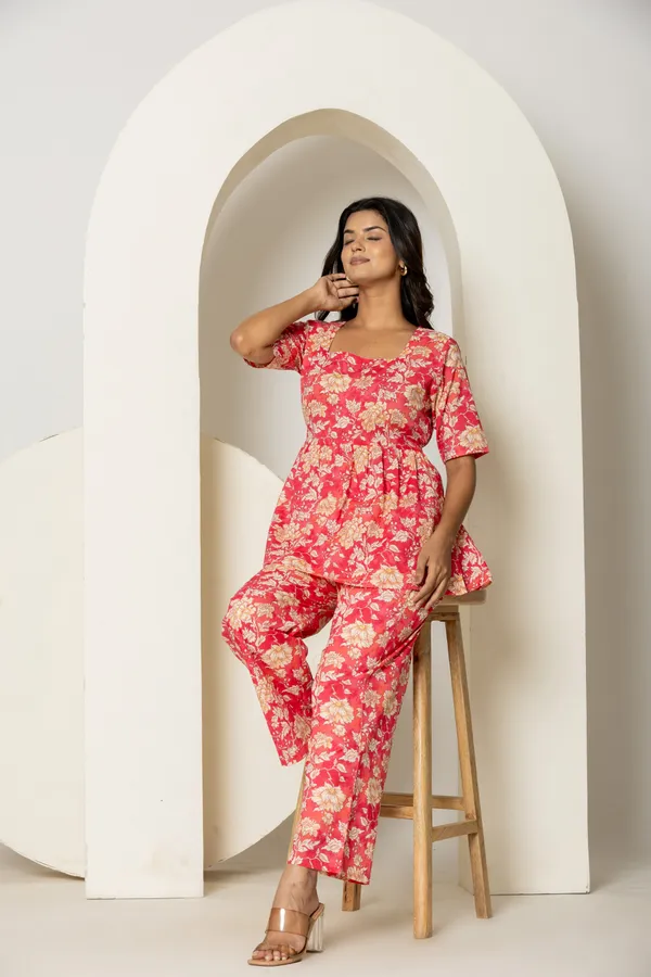 Pink_Cotton_Printed_Short_Kurti_&_Bottom_Co-Ord_Set_For_Women