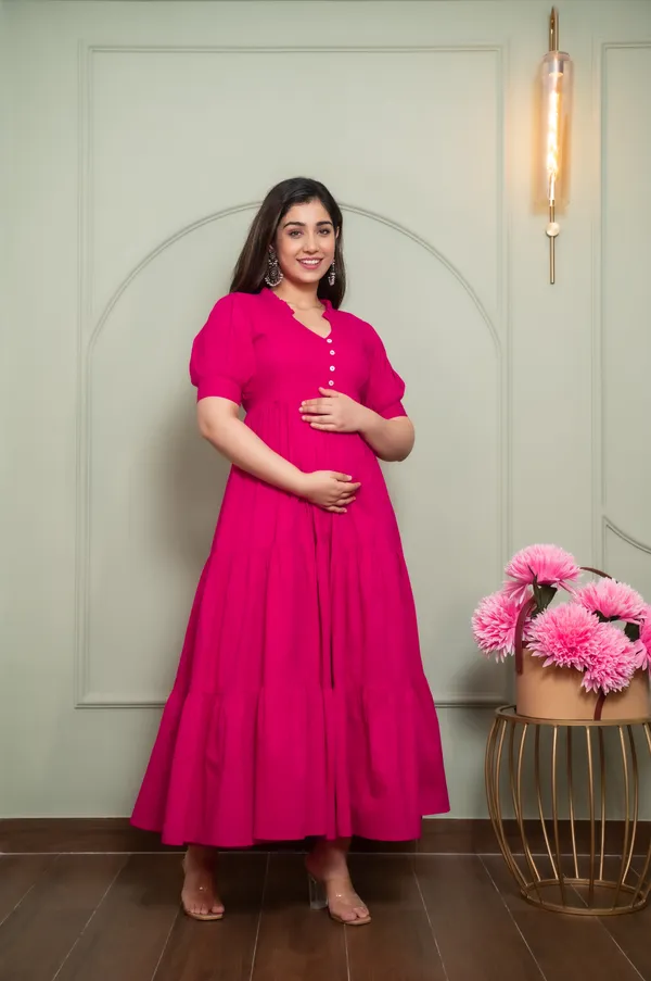 Pink_Solid_Maternity_3_Tire_Long_Dress