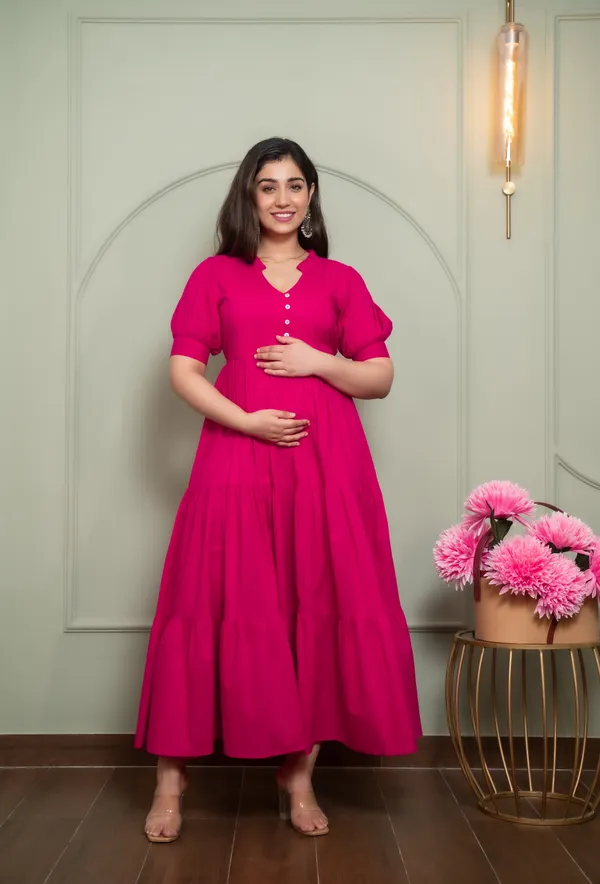 Pink_Solid_Maternity_3_Tire_Long_Dress