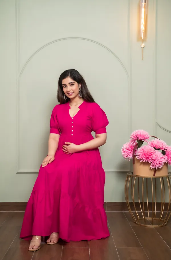 Pink_Solid_Maternity_3_Tire_Long_Dress
