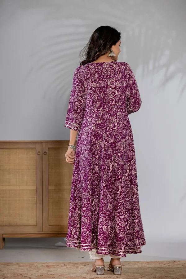 Purple_Kalamkari_Printed_Rayon_Flared_Kurta_&_Pant_Set