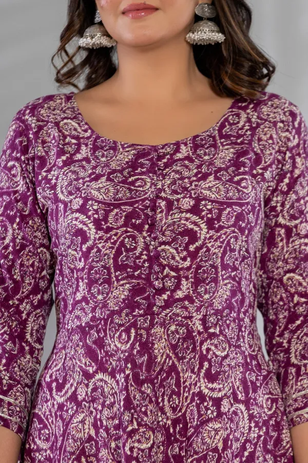 Purple_Kalamkari_Printed_Rayon_Flared_Kurta_&_Pant_Set