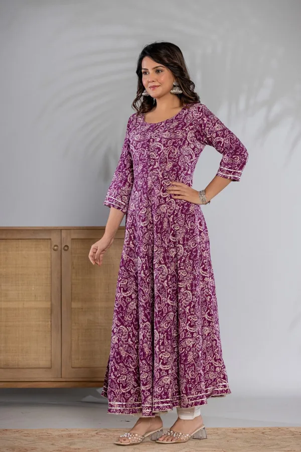 Purple_Kalamkari_Printed_Rayon_Flared_Kurta_&_Pant_Set