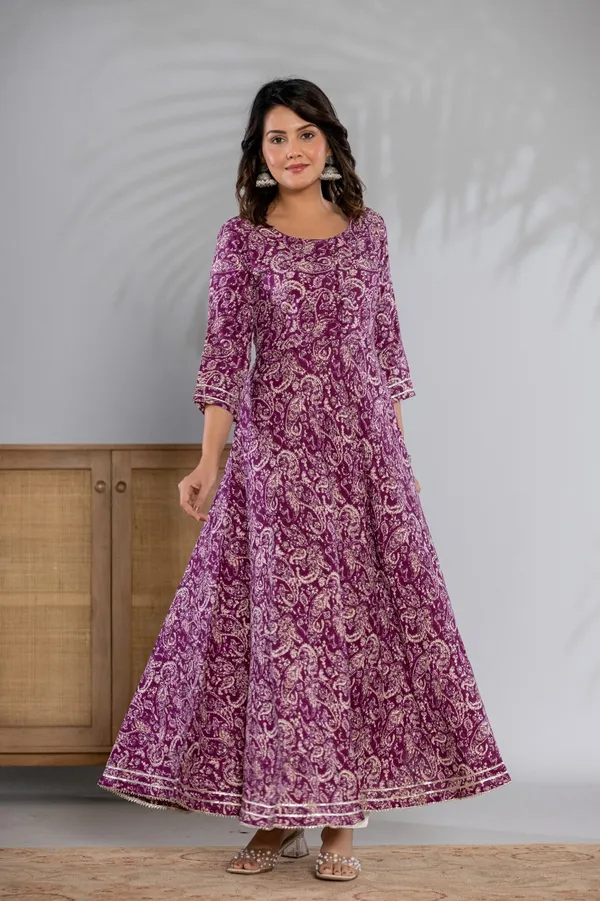 Purple_Kalamkari_Printed_Rayon_Flared_Kurta_&_Pant_Set