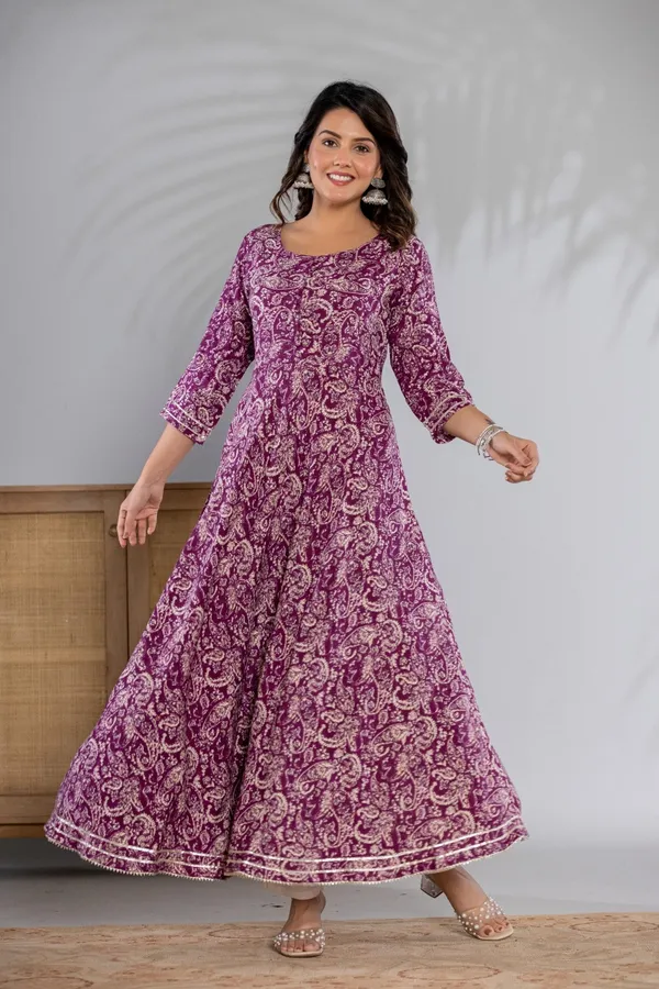 Purple_Kalamkari_Printed_Rayon_Flared_Kurta_&_Pant_Set