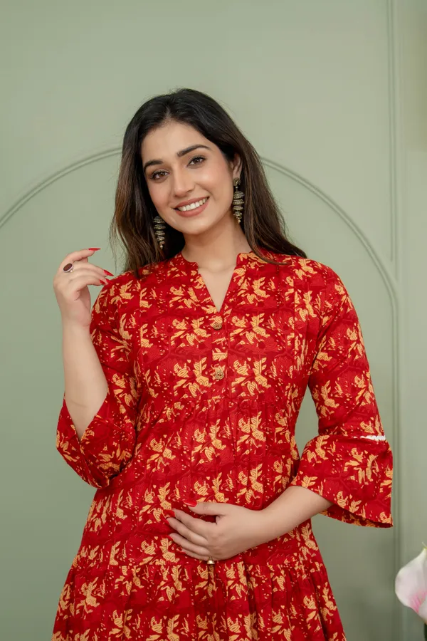 RED_MATERNITY_KURTA_PANT_DUPPTA_SET_