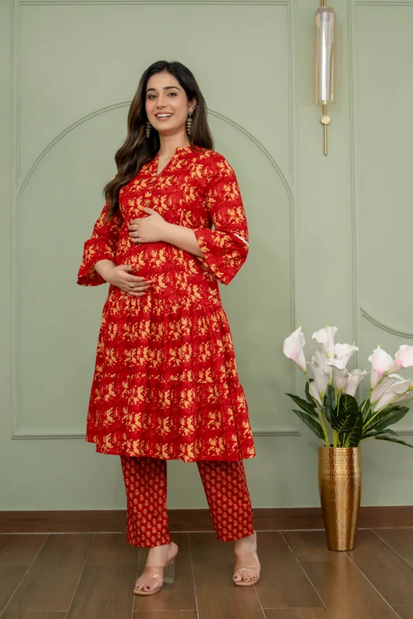 RED_MATERNITY_KURTA_PANT_DUPPTA_SET_