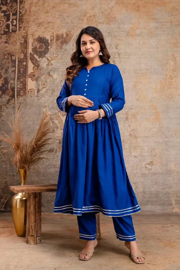 Royal_BLUE_Solid_MATERNITY_KURTA_PANT_SET