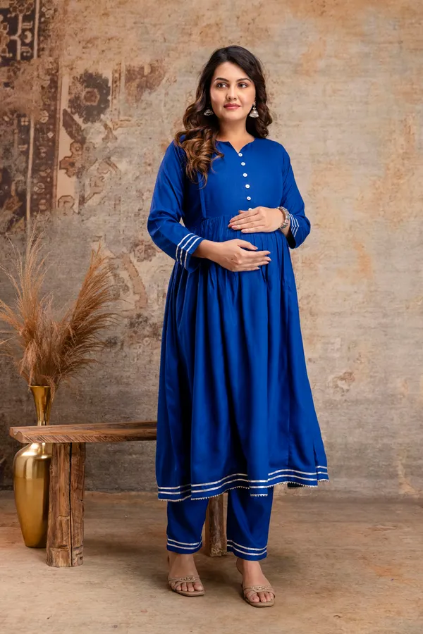 Royal_BLUE_Solid_MATERNITY_KURTA_PANT_SET