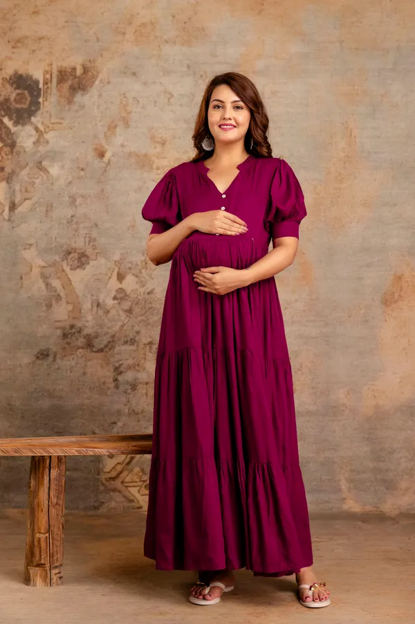 WINE_3TIRE_MATERNTIY_DRESS