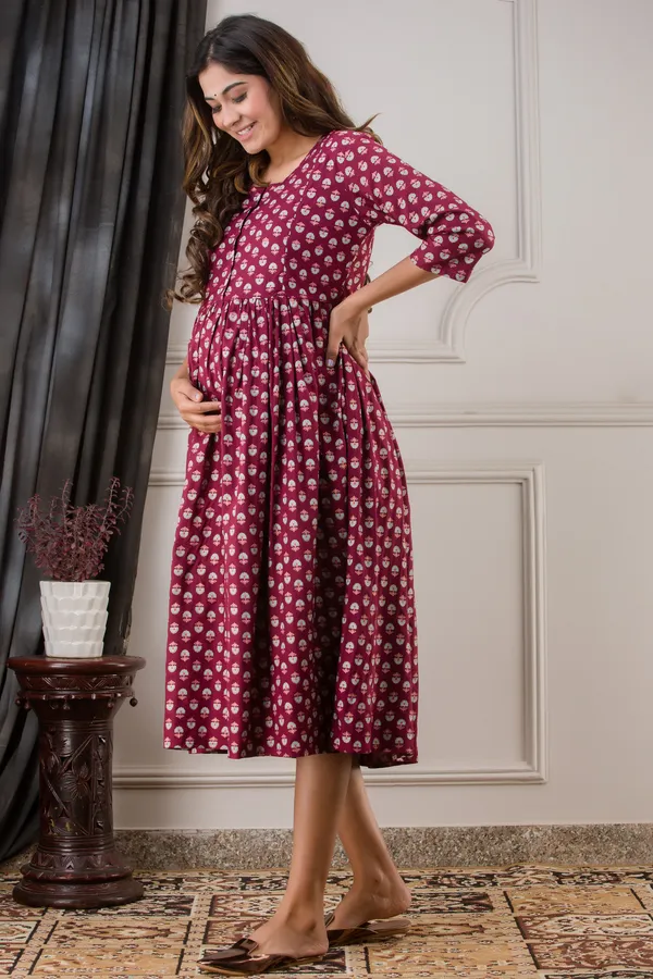 WINE_FLOWER_PRINTED_MATERNITY_DRESS