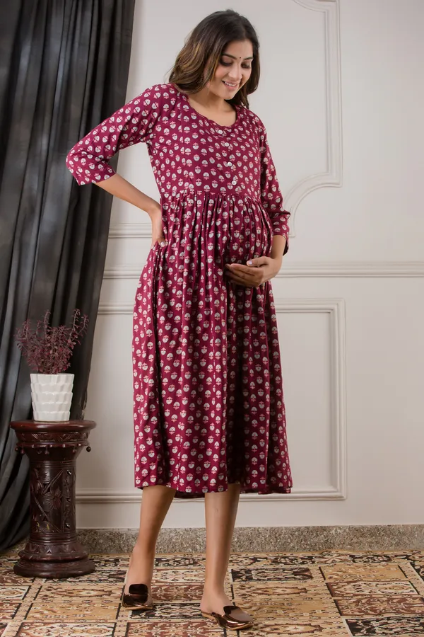 WINE_FLOWER_PRINTED_MATERNITY_DRESS