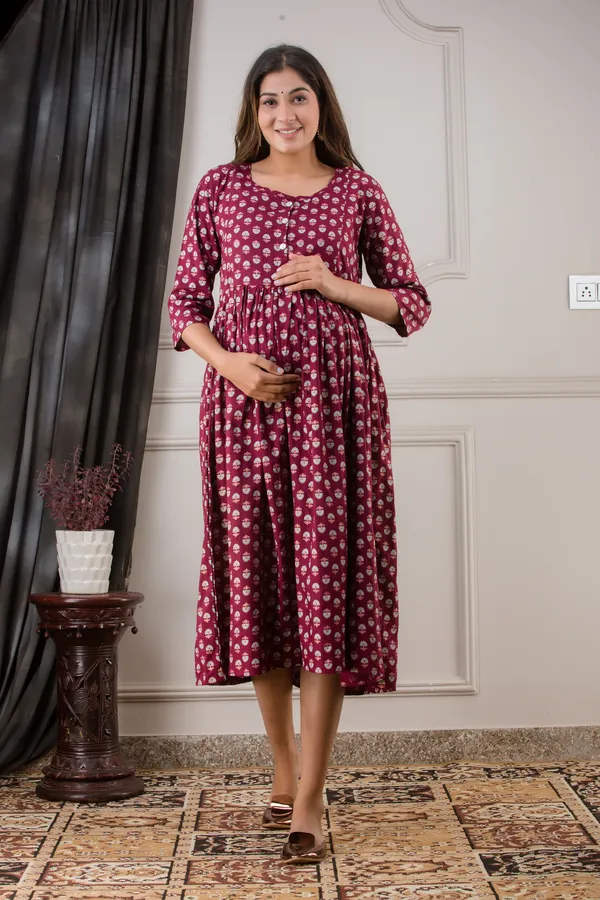 WINE_FLOWER_PRINTED_MATERNITY_DRESS