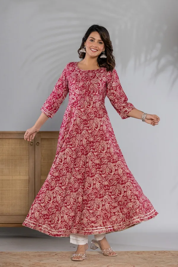 Wine_Kalamkari_Printed_Rayon_Flared_Kurta_&_Pant_Set_