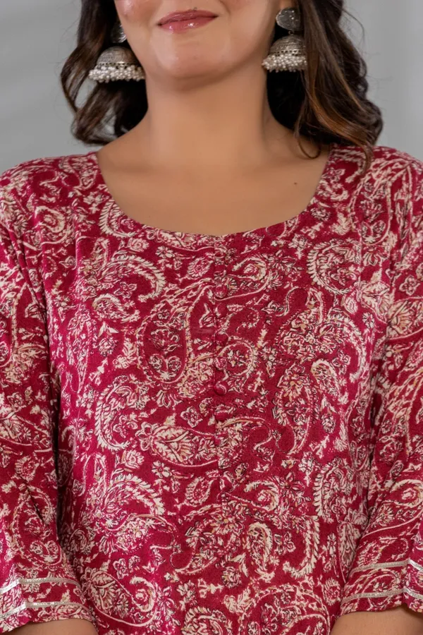 Wine_Kalamkari_Printed_Rayon_Flared_Kurta_&_Pant_Set_